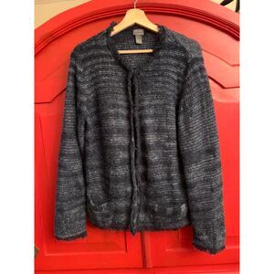 Chico's Additions 3 XL 16 Cardigan Hook Eye Closure Fringe Edges Deep Blue EUC